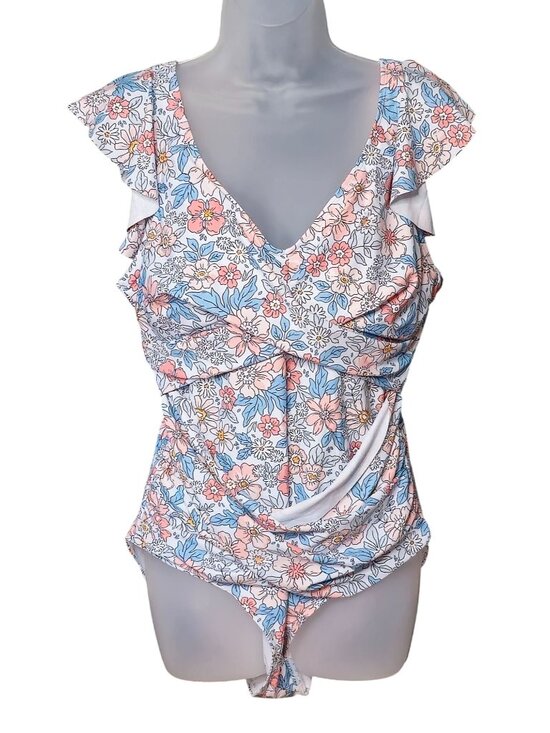 B2Prity Other - Floral Ruffle Sleeve One Piece Swimsuit XL Deep V Neck Tummy Control